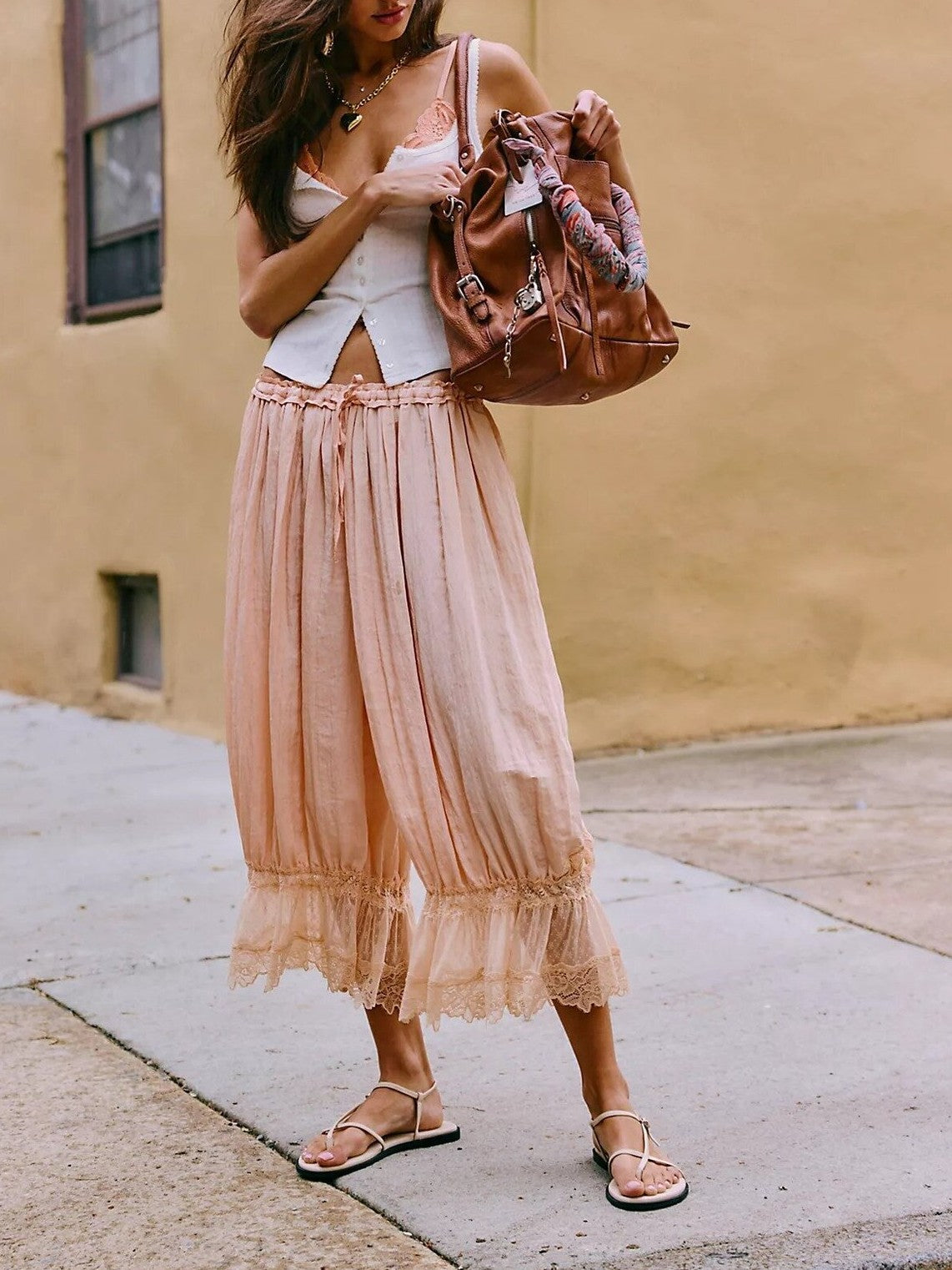 Boho Ruffle Hem Blouse With Lace Inset - Coral - 3