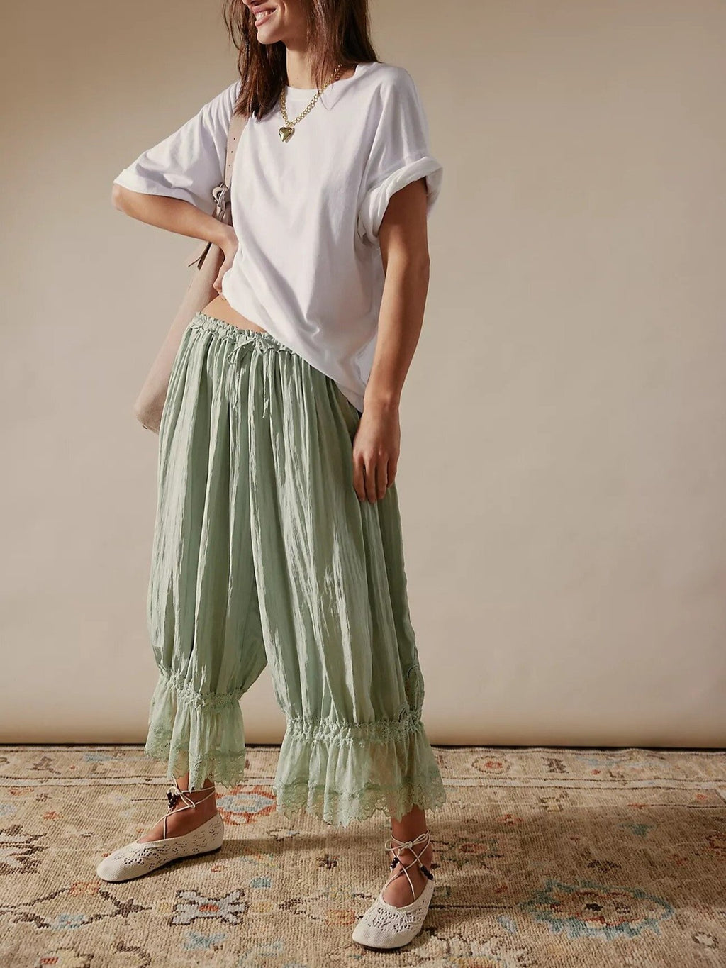 Boho Ruffle Hem Blouse With Lace Inset - Green - 2