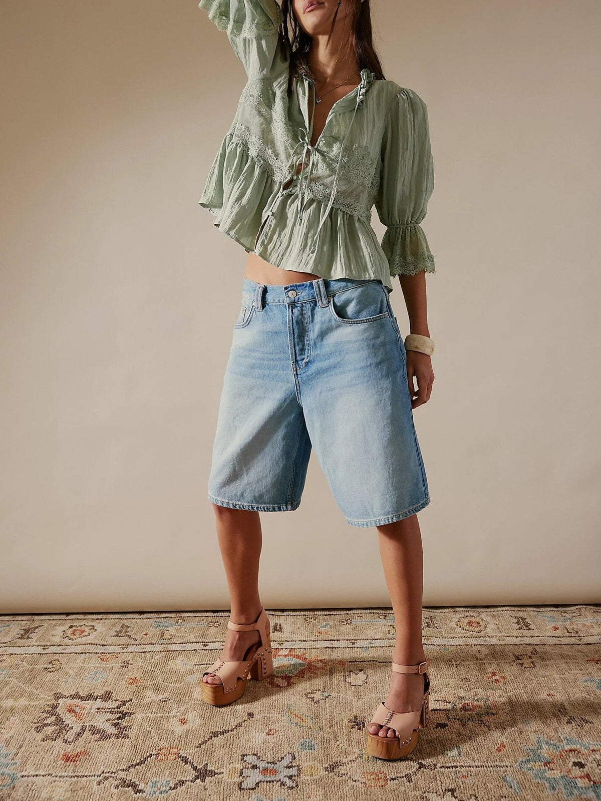 Boho Ruffle Hem Blouse With Lace Inset - Green - 3