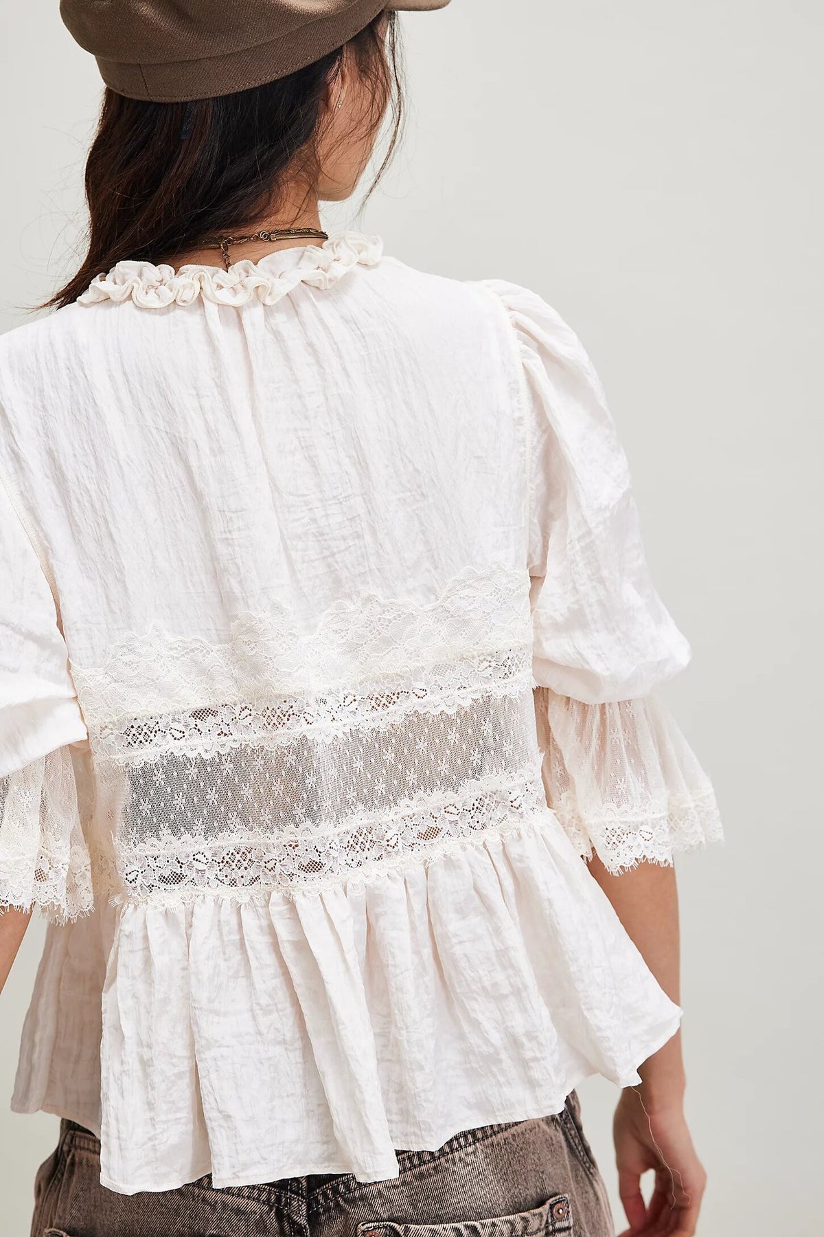 Boho Ruffle Hem Blouse With Lace Inset - White - 2