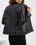 Stand Collar Quilted Faux Leather Jacket - Black