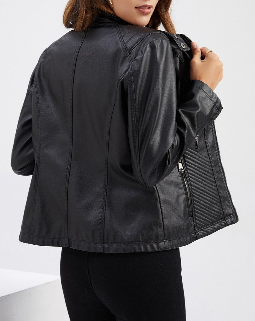 Stand Collar Quilted Faux Leather Jacket - Black
