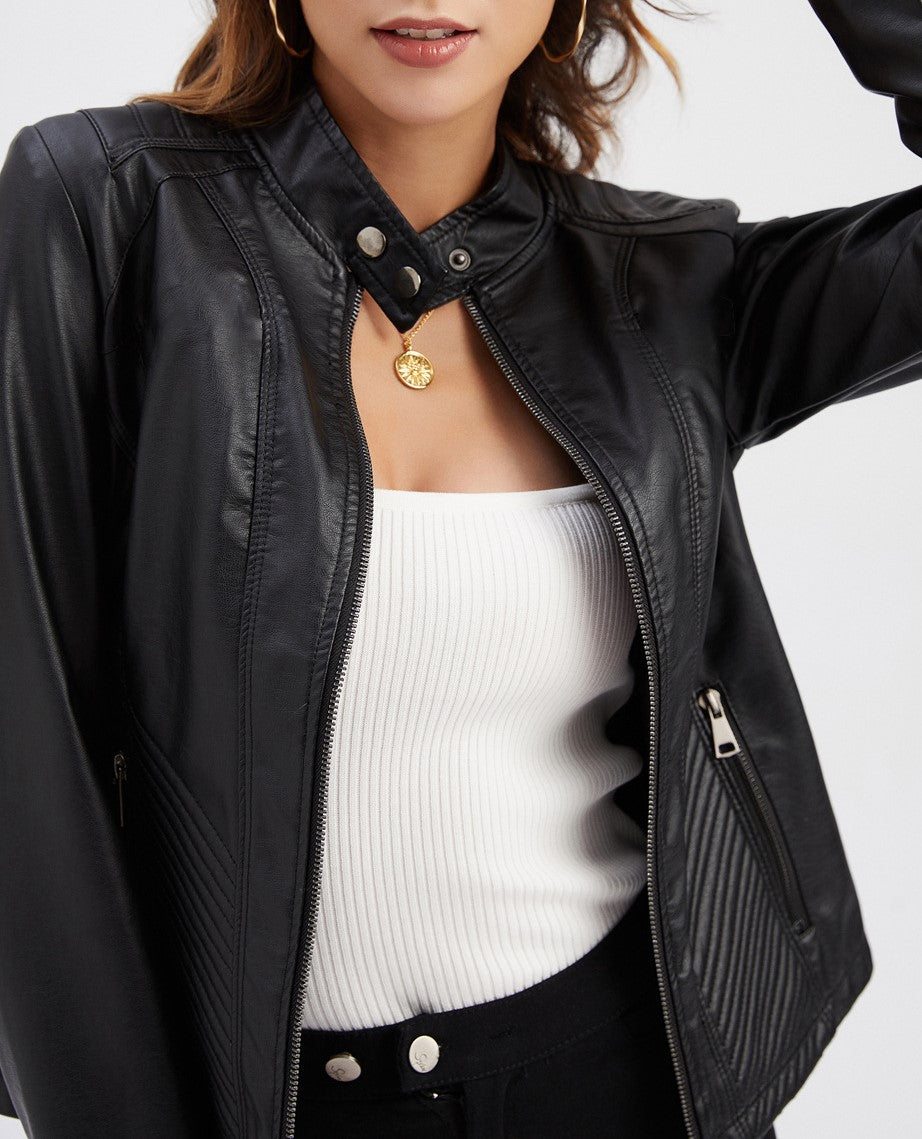 Stand Collar Quilted Faux Leather Jacket - Black - 2