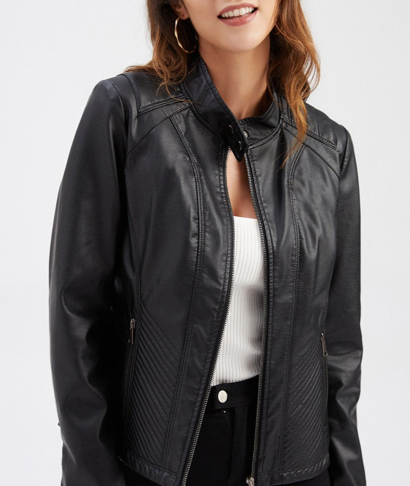 Stand Collar Quilted Faux Leather Jacket - Black - 3