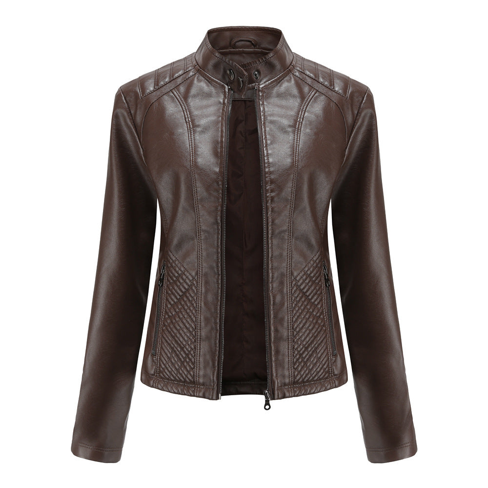 Stand Collar Quilted Faux Leather Jacket - Brown