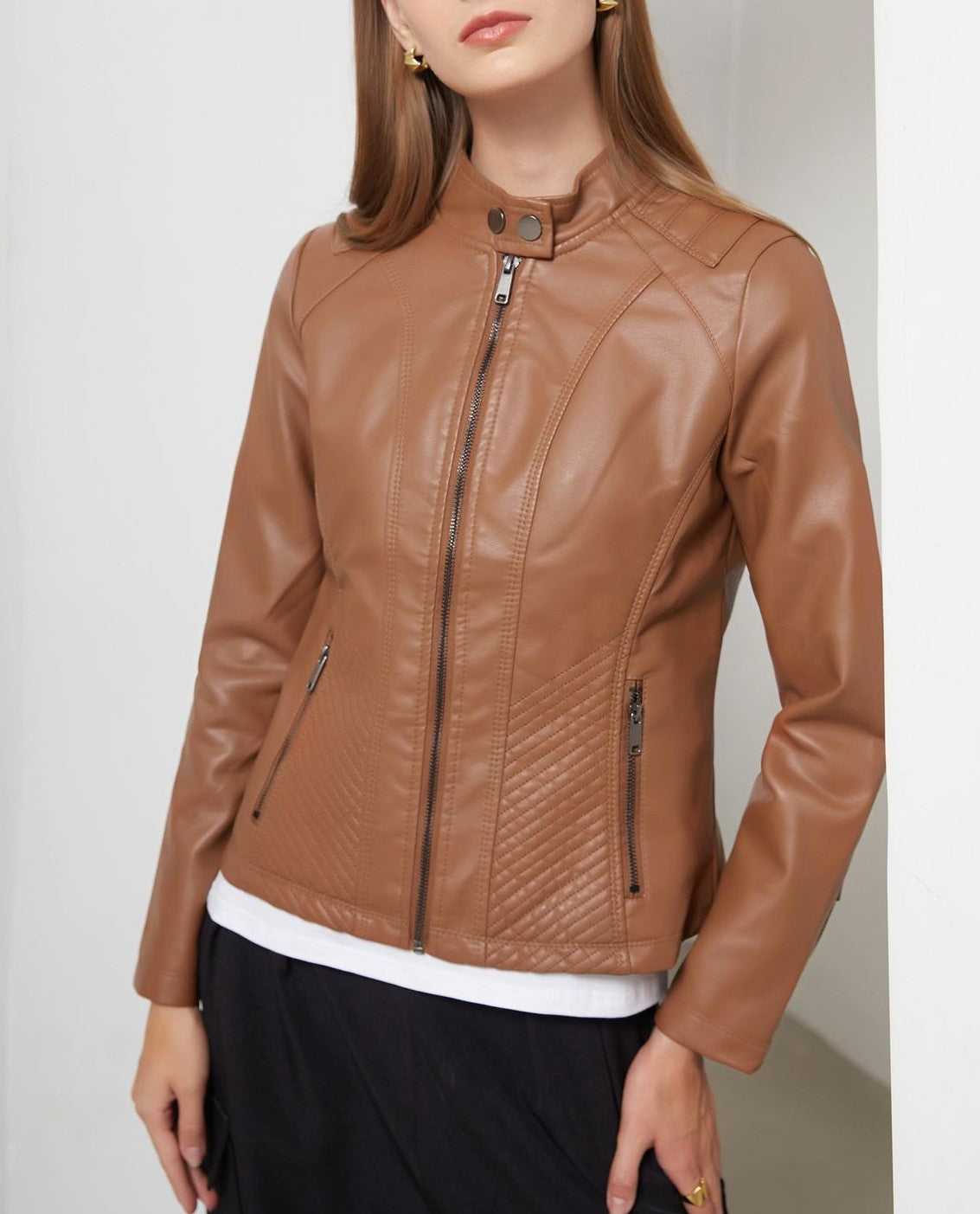 Stand Collar Quilted Faux Leather Jacket - Camel - 1