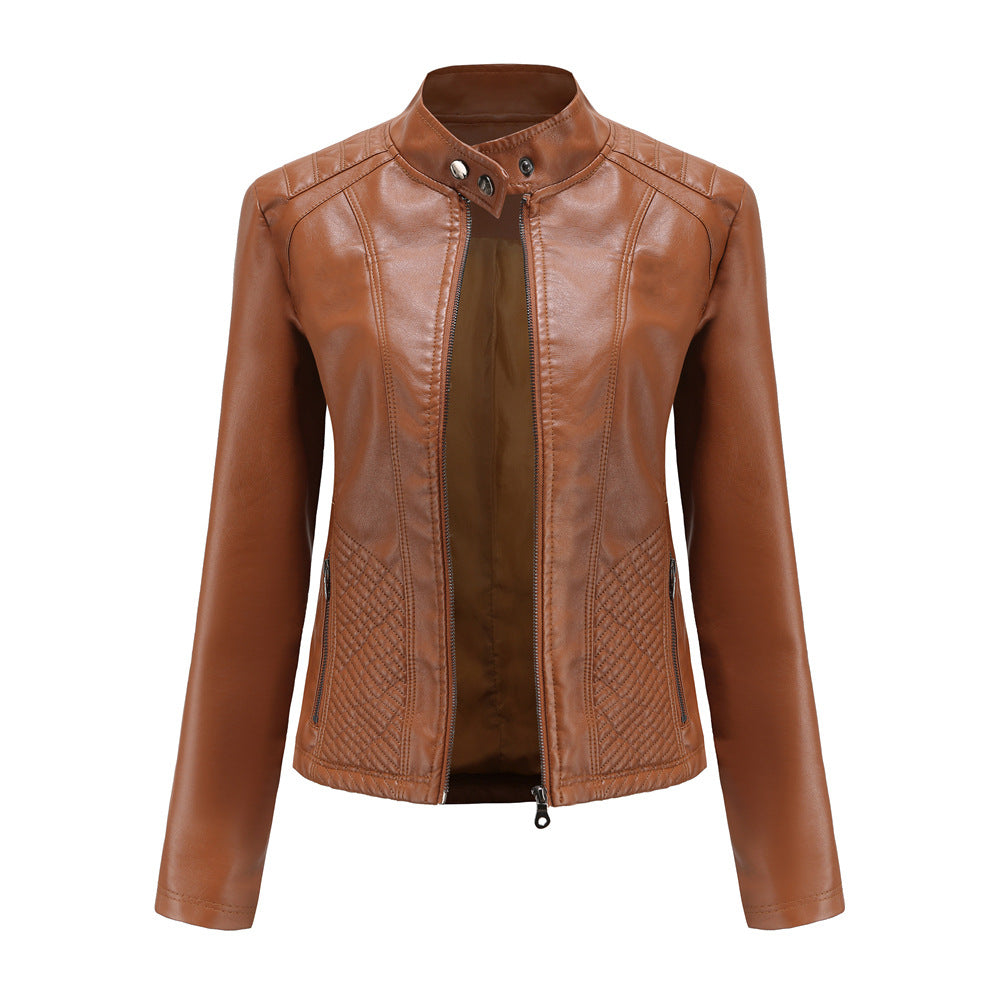 Stand Collar Quilted Faux Leather Jacket - Camel - 2