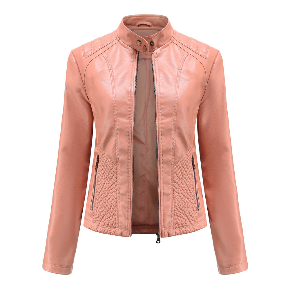 Stand Collar Quilted Faux Leather Jacket - Pink