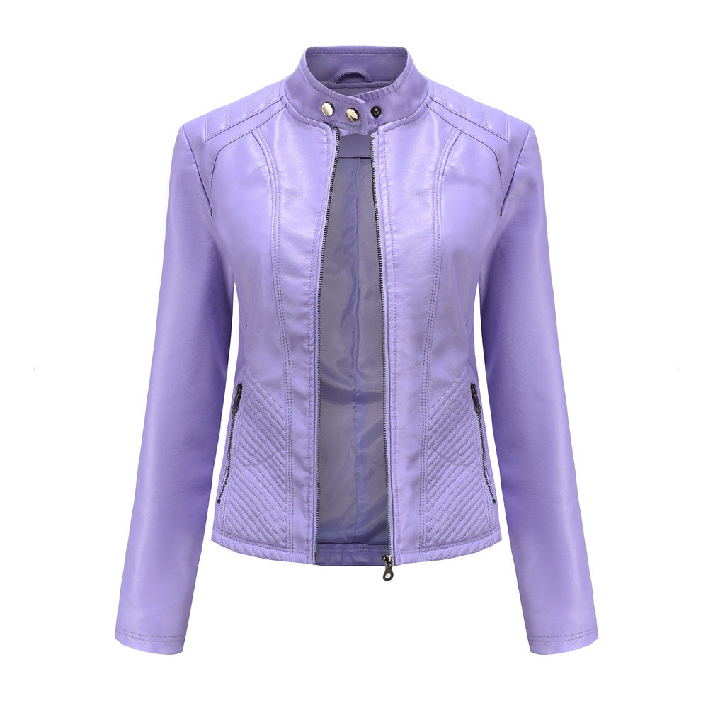 Stand Collar Quilted Faux Leather Jacket - Purple