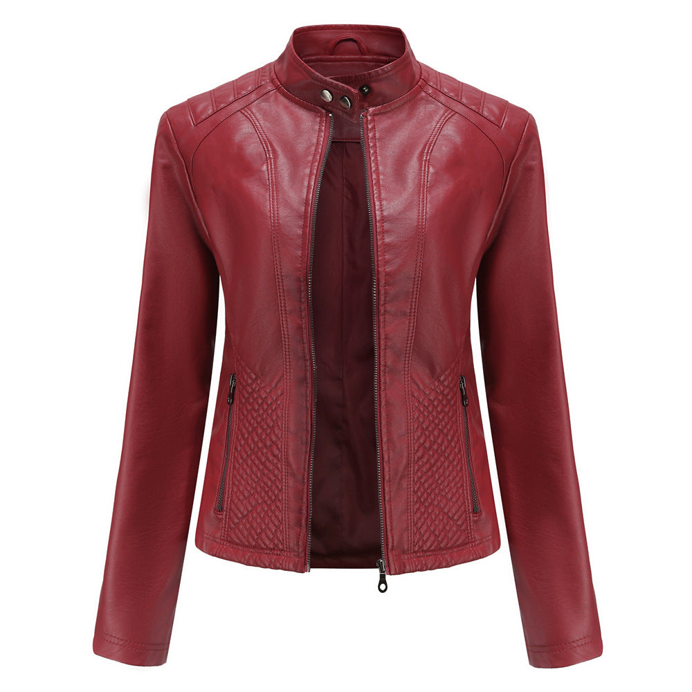 Stand Collar Quilted Faux Leather Jacket - WineRed