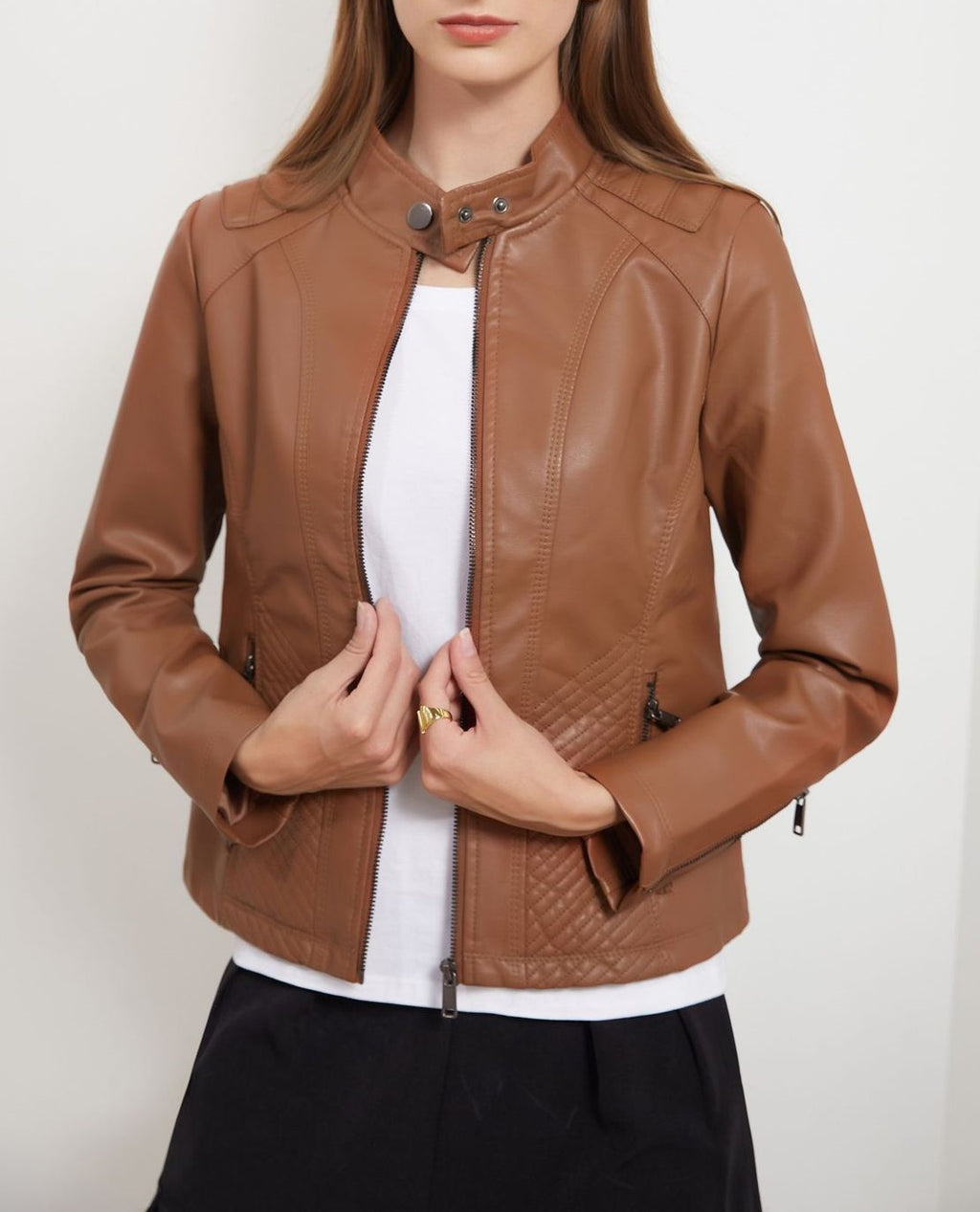 Stand Collar Quilted Faux Leather Jacket - view 1