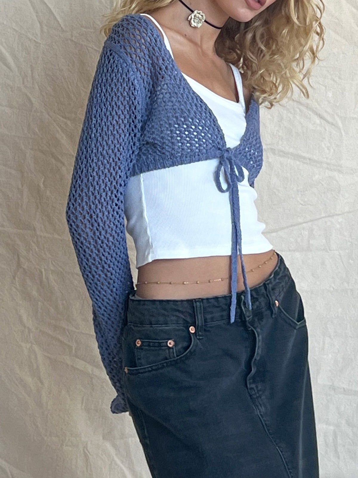 Open Knit Tie Front Cropped Shrug Top - Blue - 2