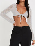 Open Knit Tie Front Cropped Shrug Top - White