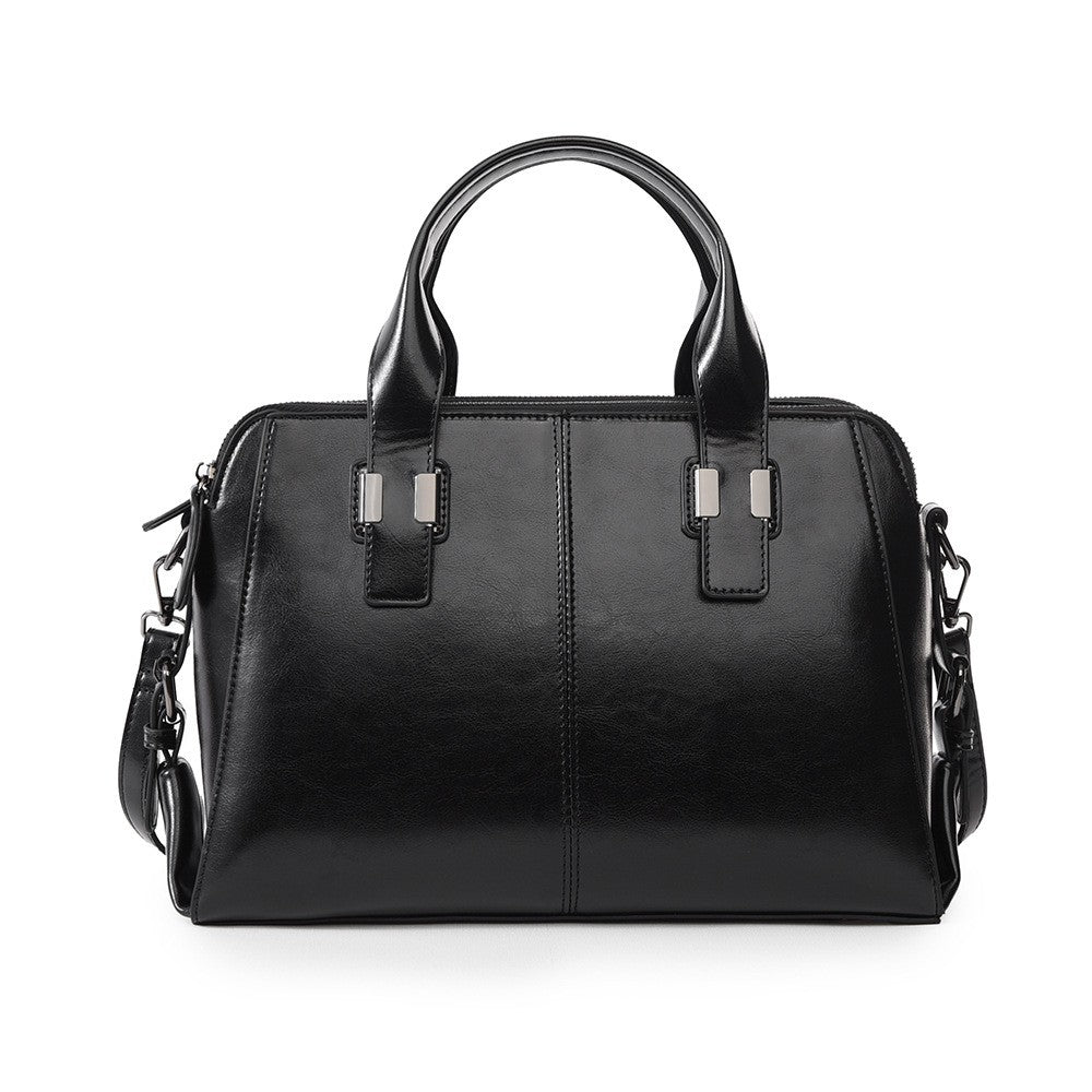 Polished Faux Leather Boston Satchel Bag - Black