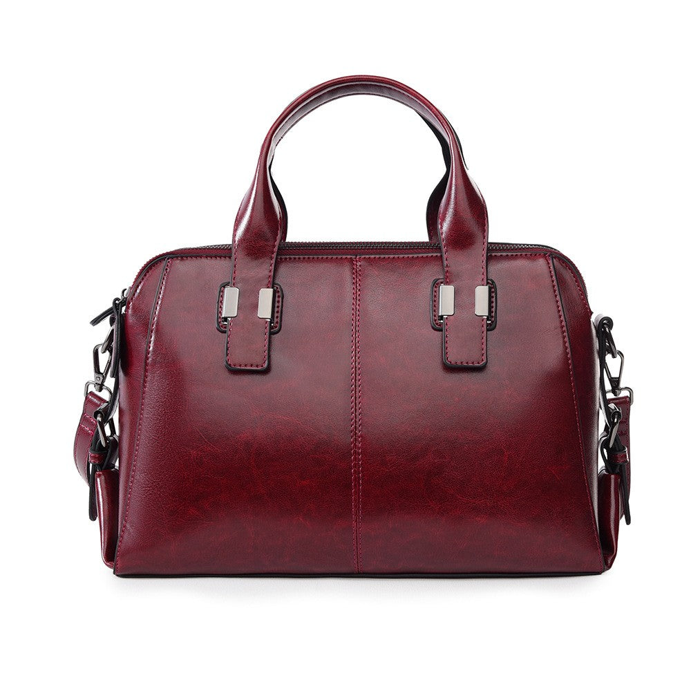 Polished Faux Leather Boston Satchel Bag - Burgundy