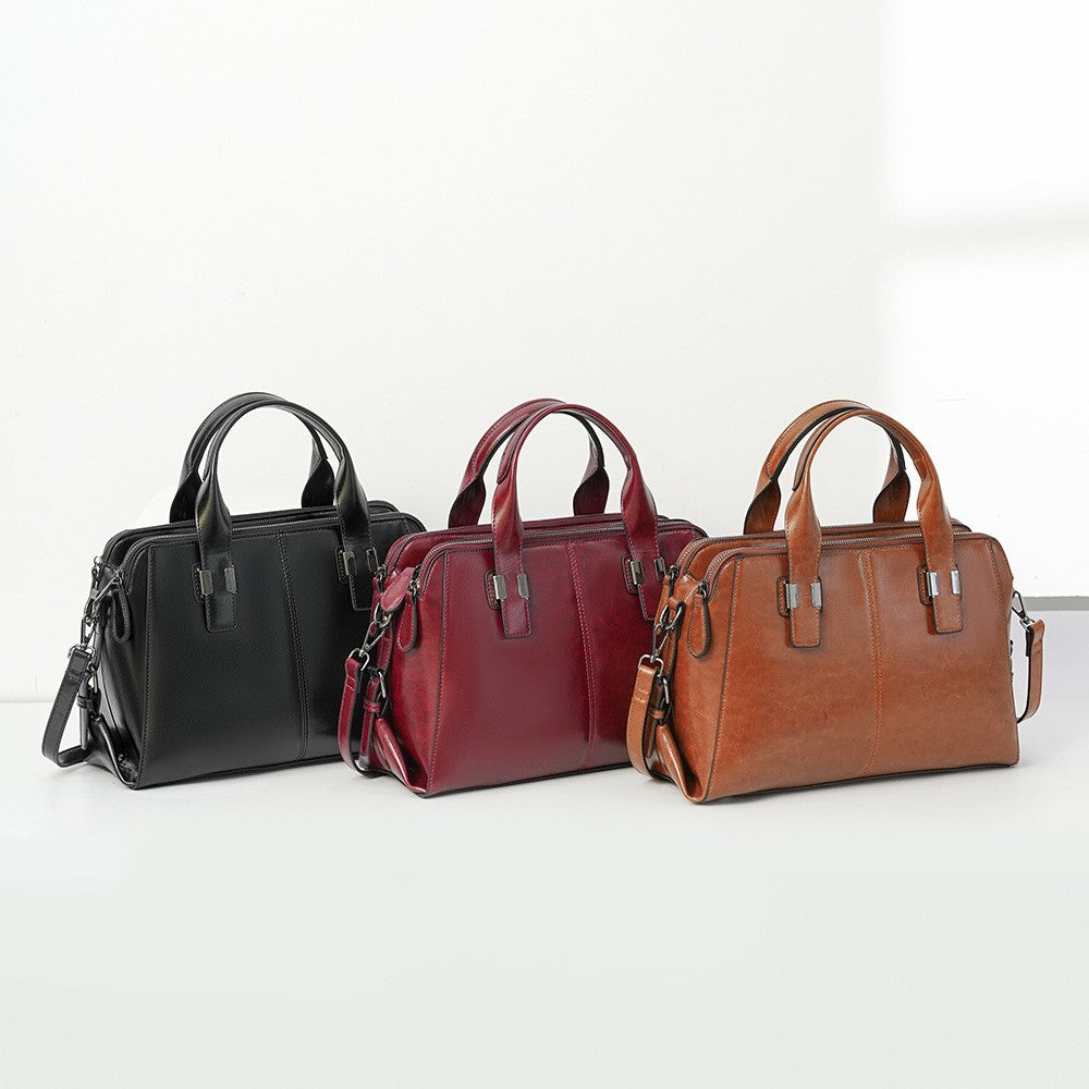 Polished Faux Leather Boston Satchel Bag