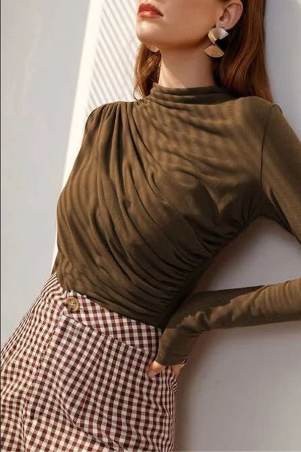 Draped Mock Neck Ruched Long Sleeve Top - Coca Mocha