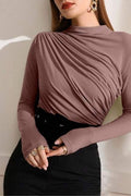 Draped Mock Neck Ruched Long Sleeve Top - Deer