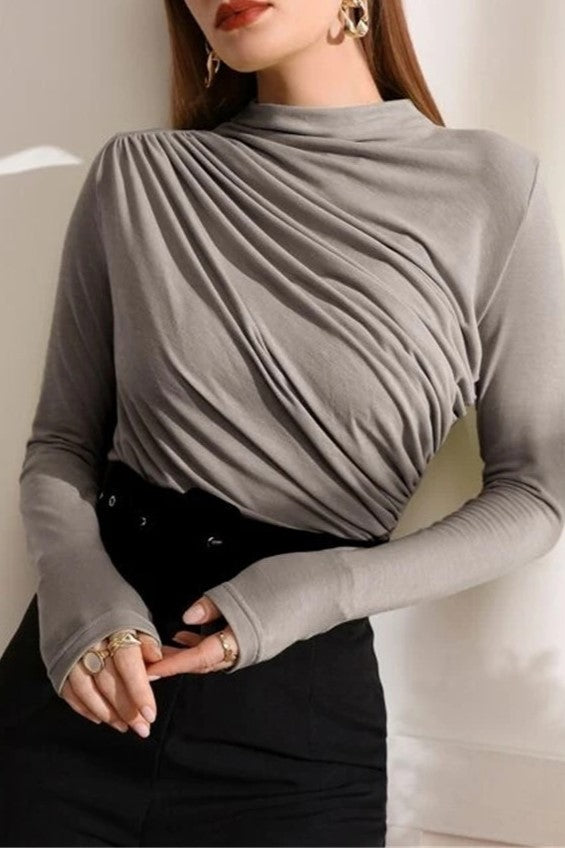 Draped Mock Neck Ruched Long Sleeve Top - Grey - 1