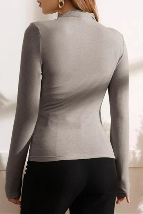 Draped Mock Neck Ruched Long Sleeve Top - Grey - 2