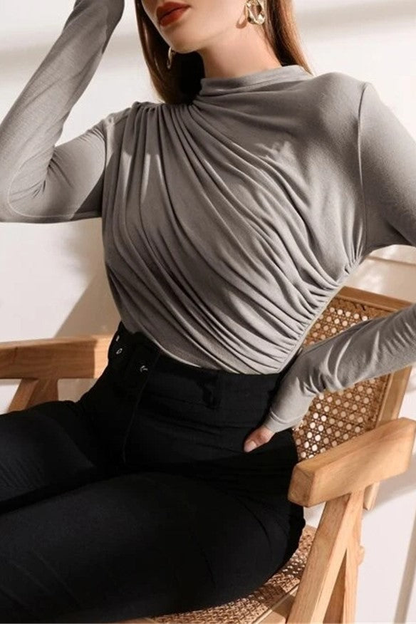 Draped Mock Neck Ruched Long Sleeve Top - Grey - 3