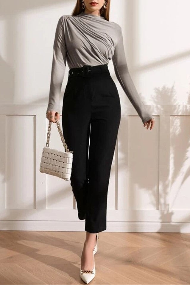 Draped Mock Neck Ruched Long Sleeve Top - Grey - 4
