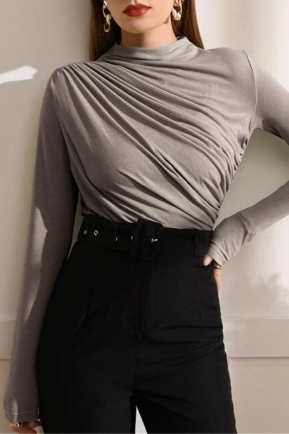 Draped Mock Neck Ruched Long Sleeve Top - Grey - 5