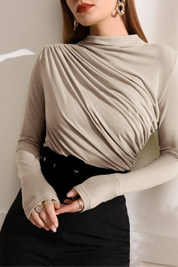 Draped Mock Neck Ruched Long Sleeve Top - LT-Taupe