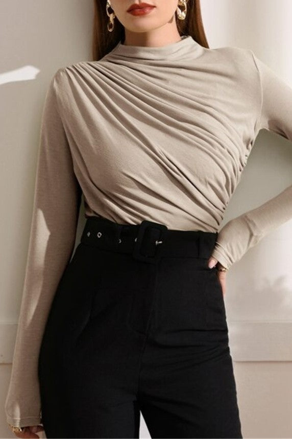 Draped Mock Neck Ruched Long Sleeve Top - LT-Taupe - 1