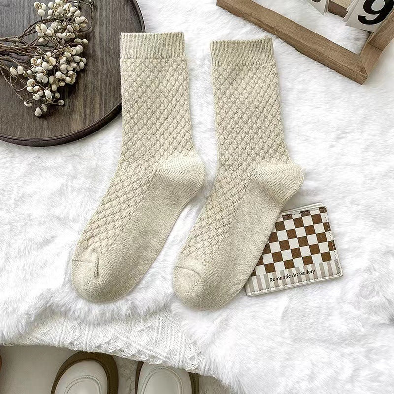 Waffle Texture Warm Long Crew Socks - Beige