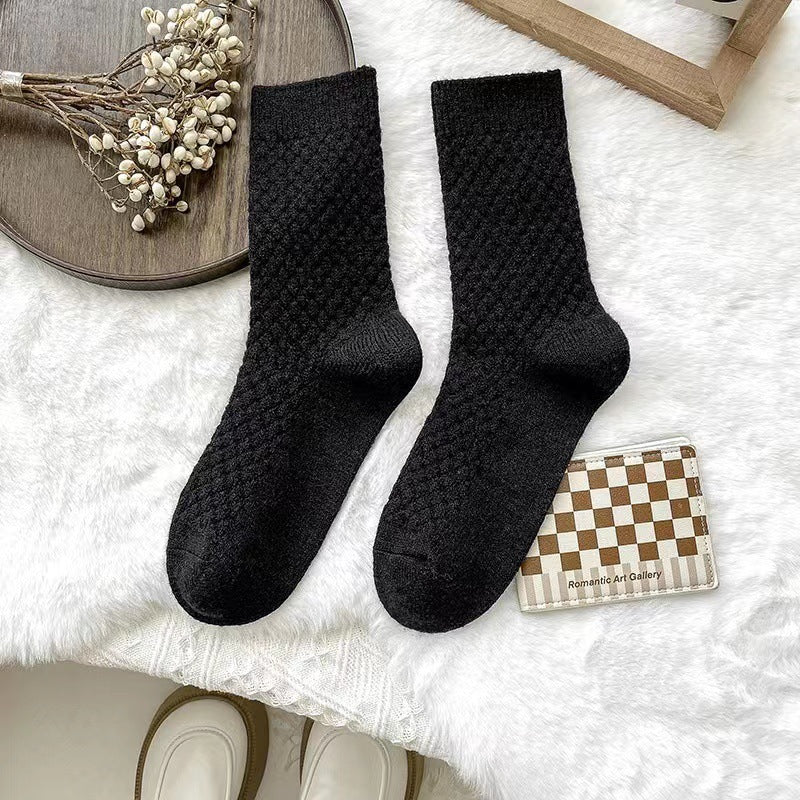 Waffle Texture Warm Long Crew Socks - Black