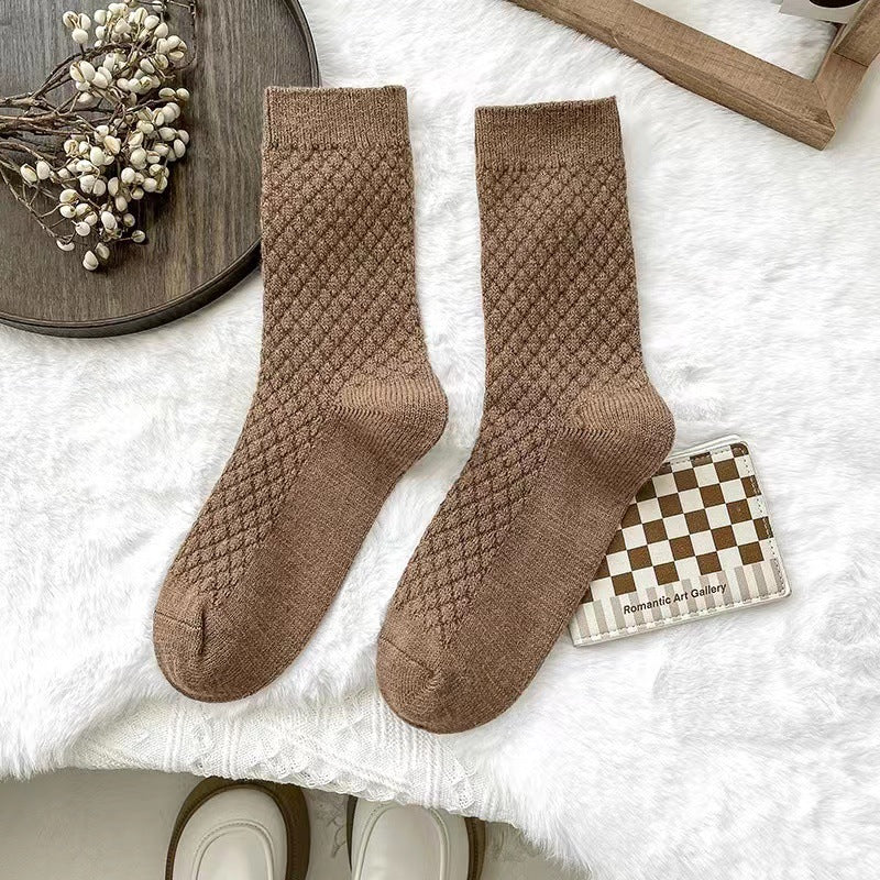 Waffle Texture Warm Long Crew Socks - DeepCoffee