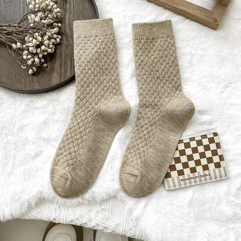 Waffle Texture Warm Long Crew Socks - Khaki
