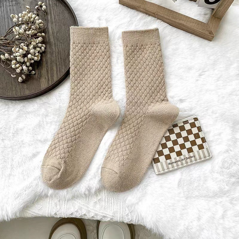 Waffle Texture Warm Long Crew Socks - LightCoffee