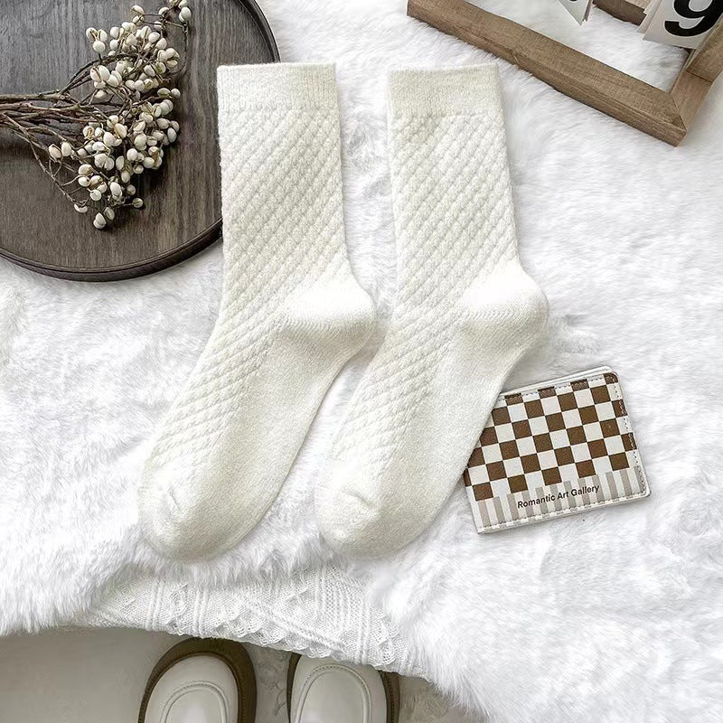 Waffle Texture Warm Long Crew Socks - Offwhite