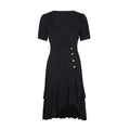 V Neck Button Trim Ruffle Midi Dress - Black