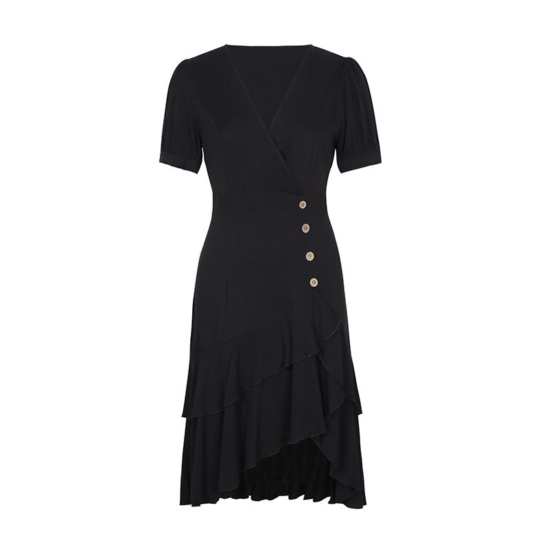 V Neck Button Trim Ruffle Midi Dress - Black