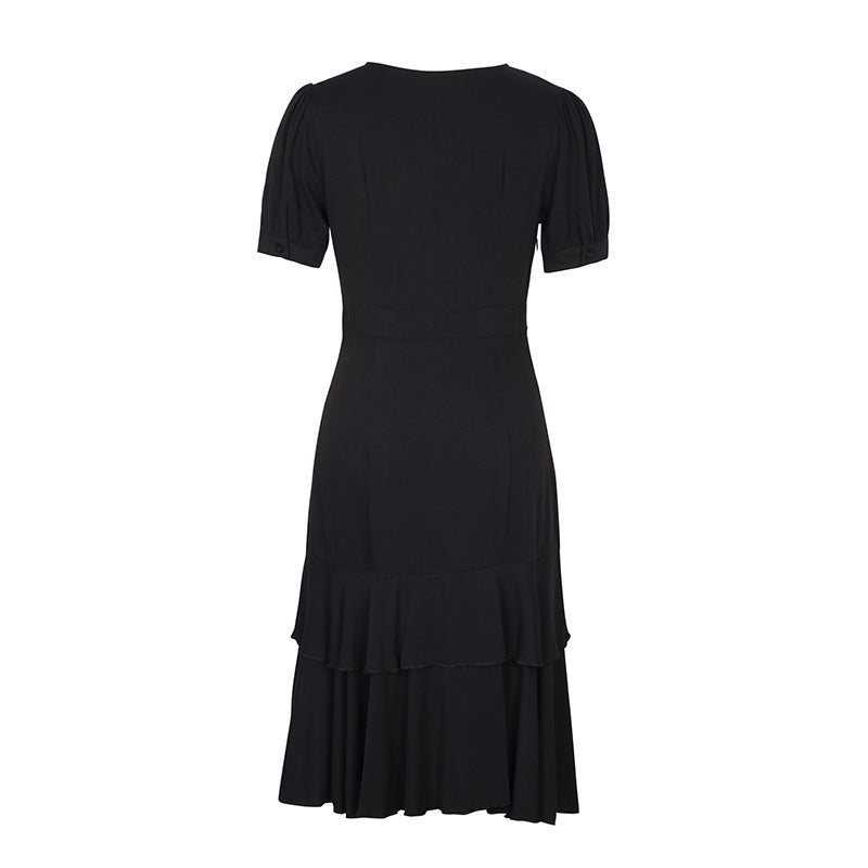 V Neck Button Trim Ruffle Midi Dress - Black - 1