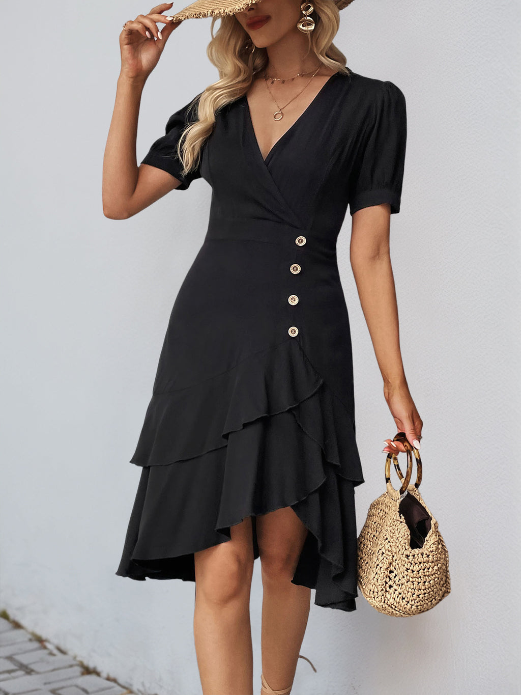 V Neck Button Trim Ruffle Midi Dress - Black - 2