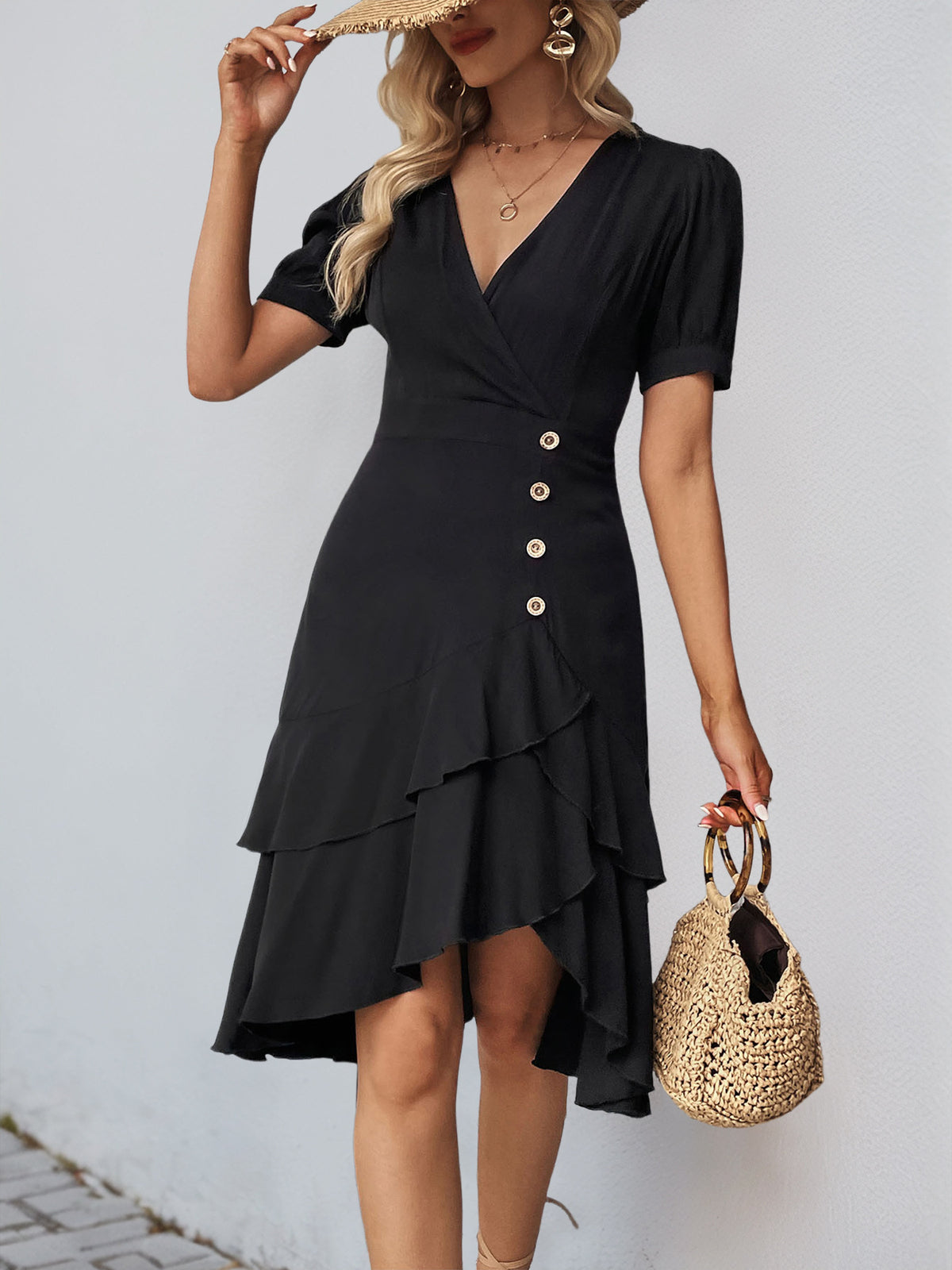 V Neck Button Trim Ruffle Midi Dress - Black - 2