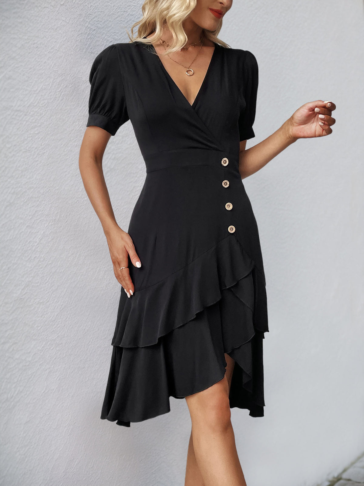 V Neck Button Trim Ruffle Midi Dress - Black - 3