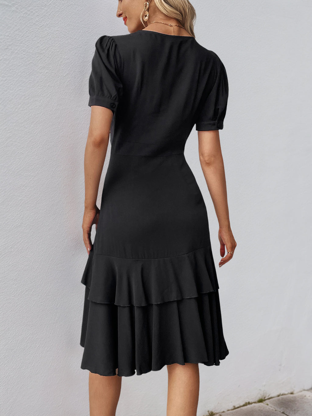 V Neck Button Trim Ruffle Midi Dress - Black - 4