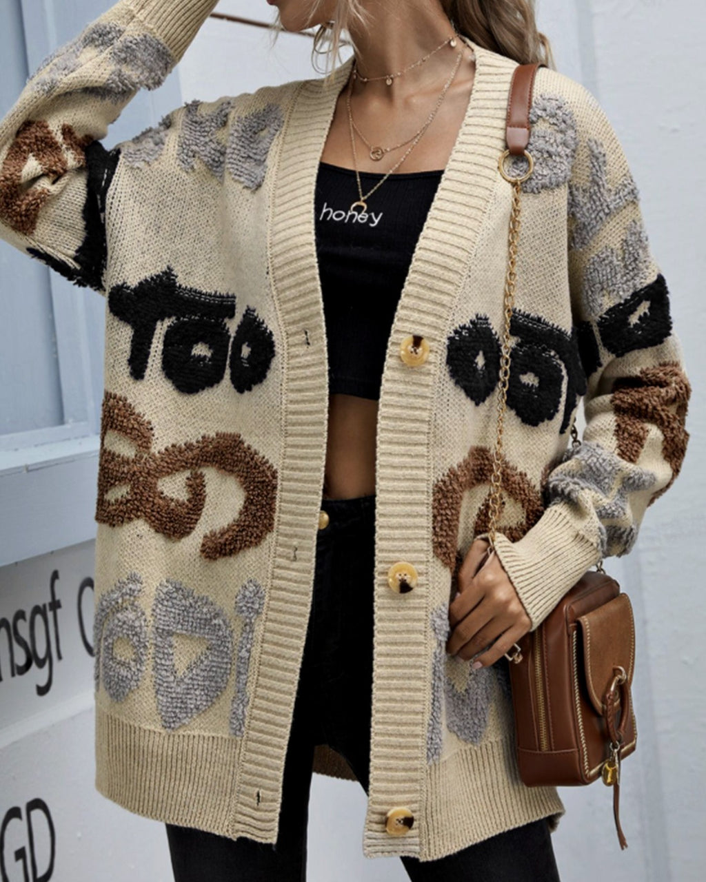 Graffiti Letter Jacquard V-Neck Knit Cardigan - Apricot