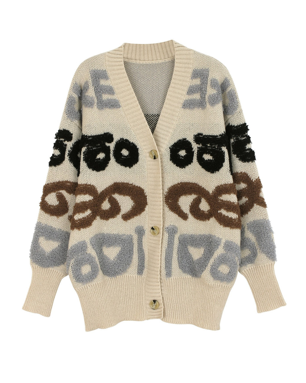 Graffiti Letter Jacquard V-Neck Knit Cardigan - Apricot - 1