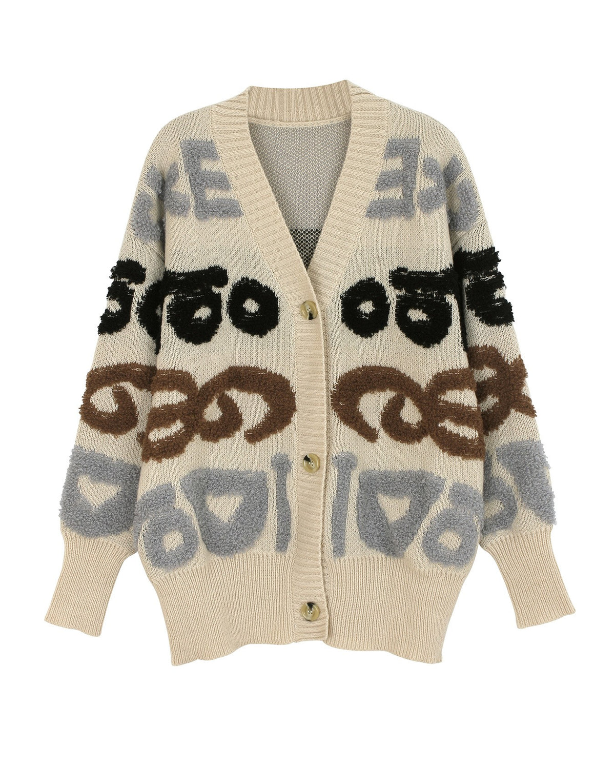 Graffiti Letter Jacquard V-Neck Knit Cardigan - Apricot - 1