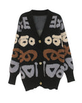 Graffiti Letter Jacquard V-Neck Knit Cardigan - Black