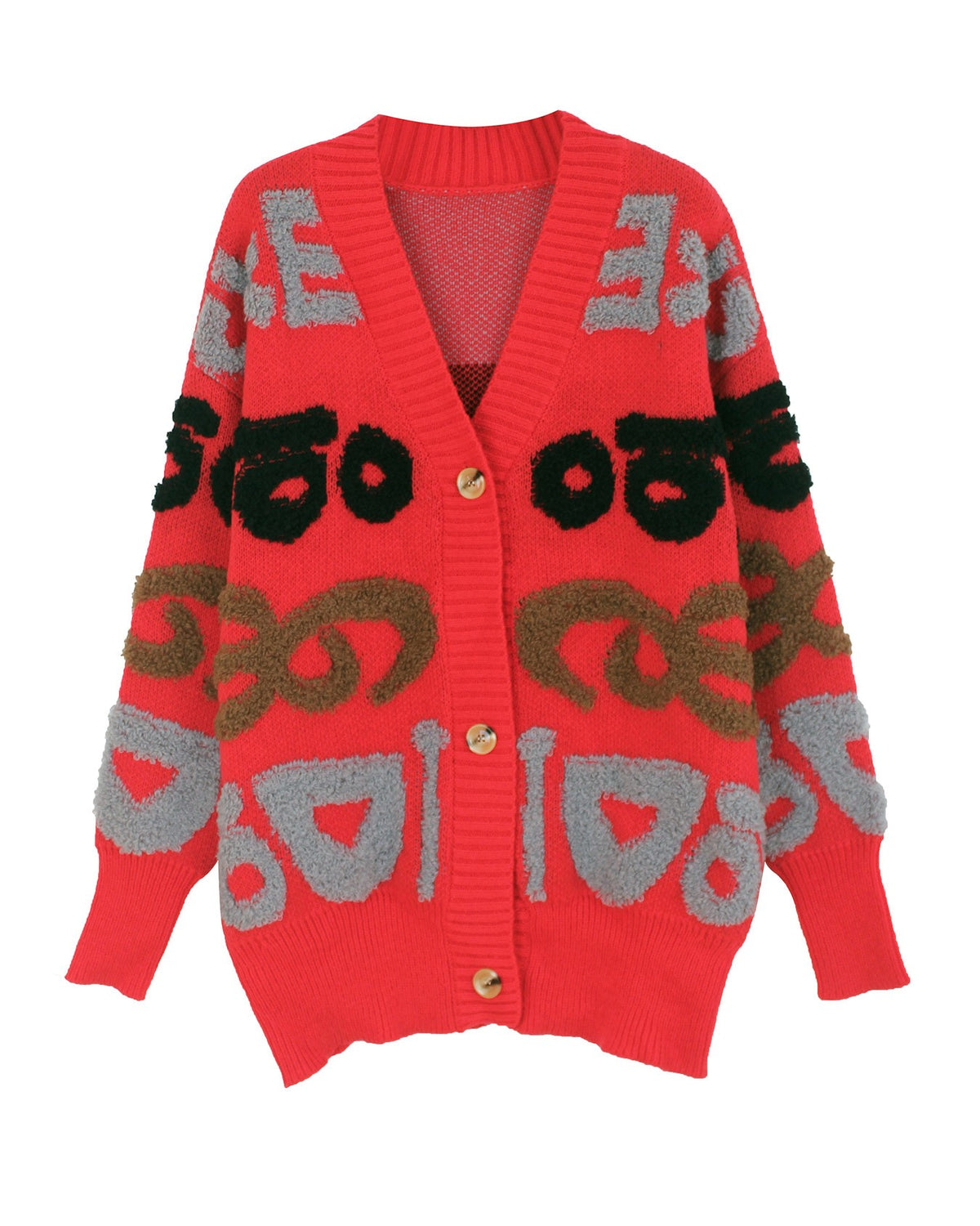 Graffiti Letter Jacquard V-Neck Knit Cardigan - Red