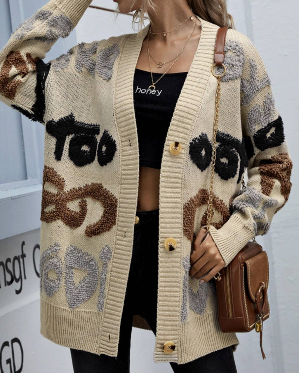 Graffiti Letter Jacquard V-Neck Knit Cardigan