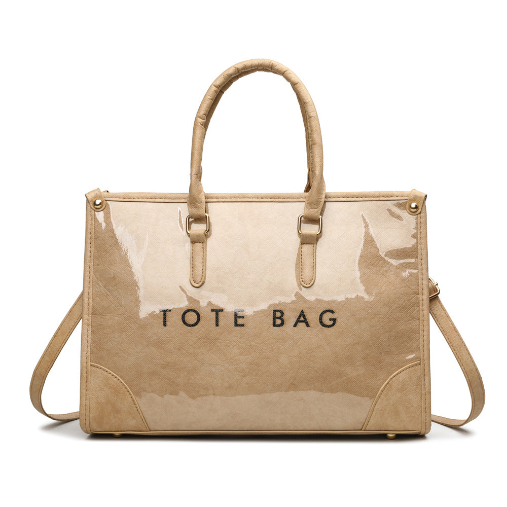 Glossy Patent Structured Tote Bag with Crossbody Strap - Khaki