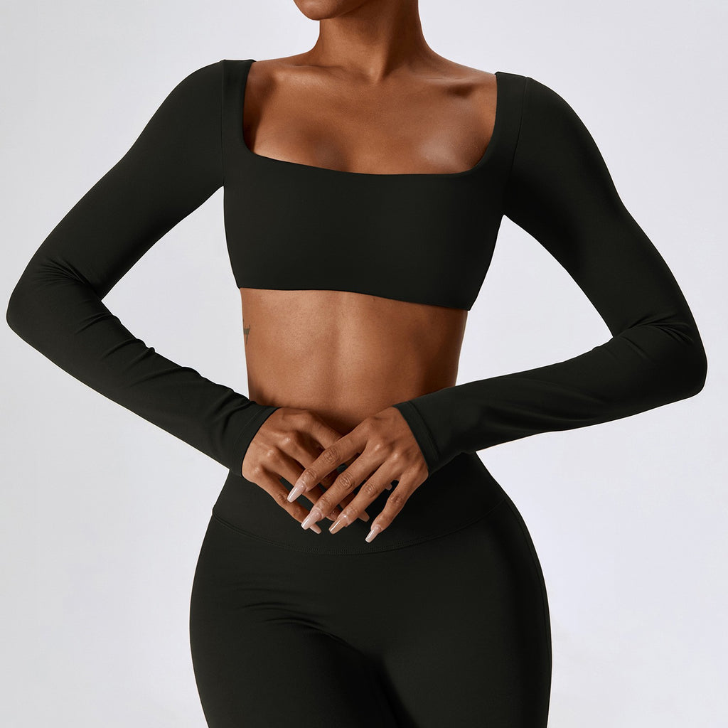 Cloud Soft Square Neck Long Sleeve Crop Yoga Top - Black